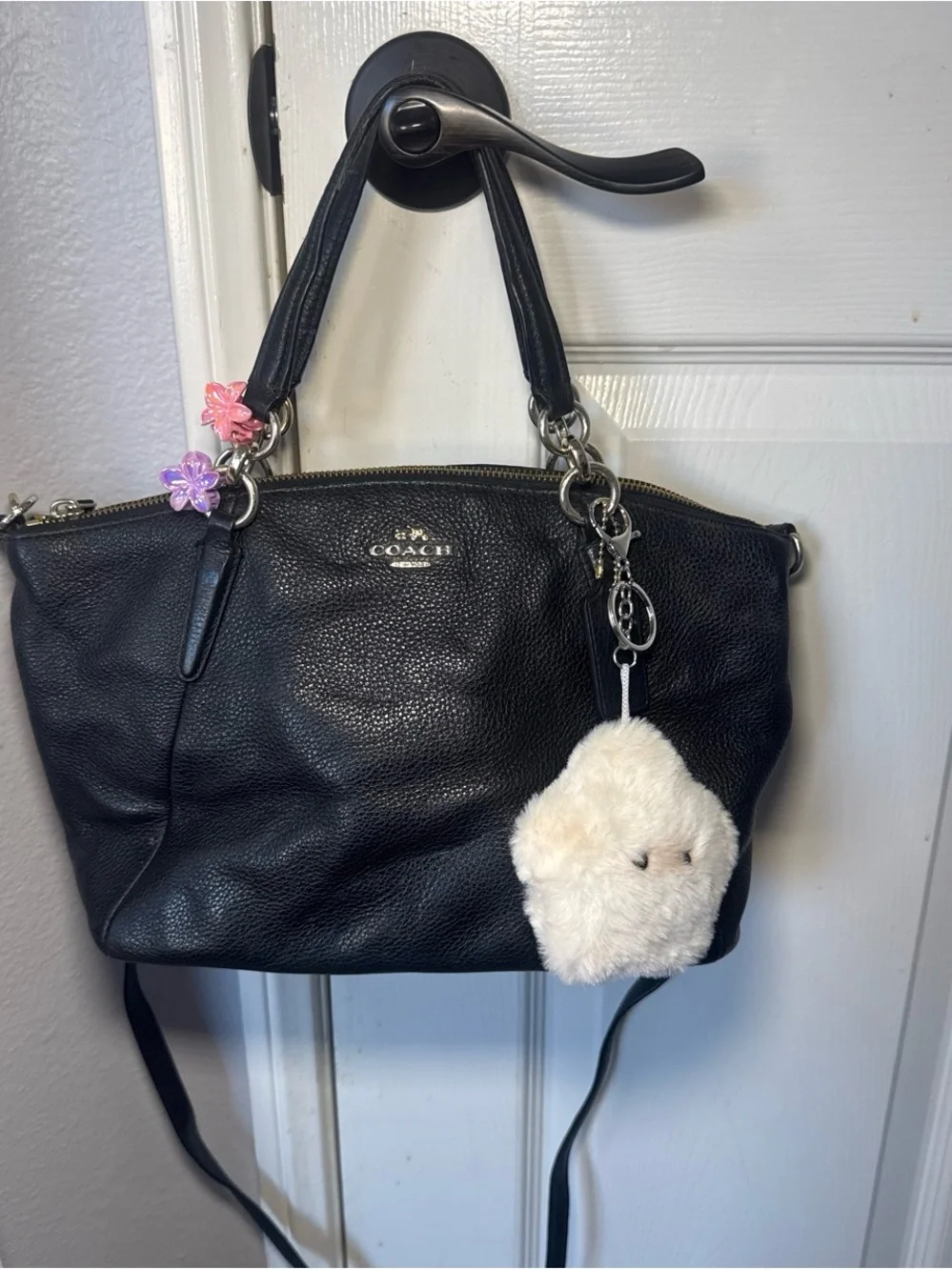 Coach Black Pebbled Leather Shoulder Tote with Plush Charm and Flower Clips